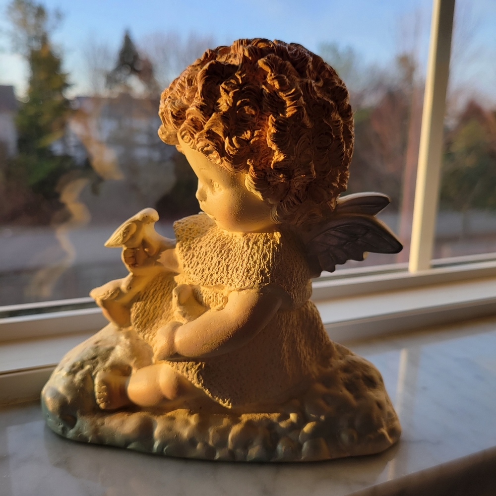 1995 Miller Studio Chalkware Cherub Angel Girl with Three Little Birds ~ Cute!
